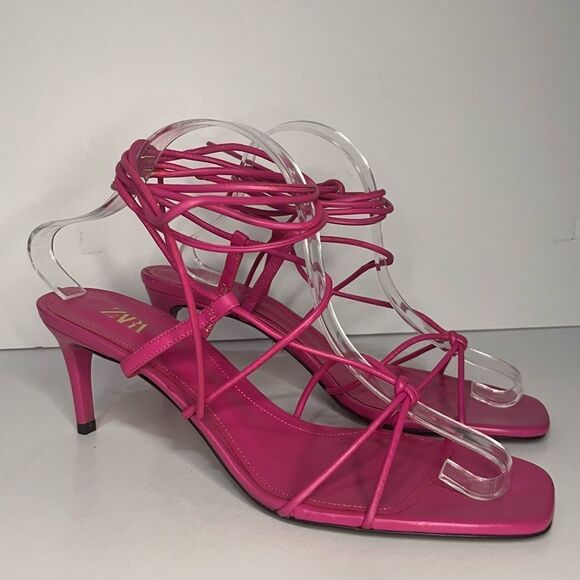 Zara Hot Pink Collection Metall Leather Mid-Heel Shoes Size 41 - Picture 3 of 7